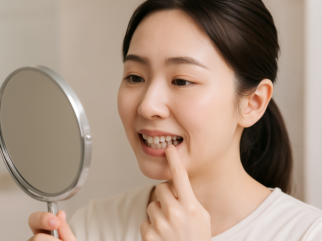 鏡を見て虫歯チェックをする女性