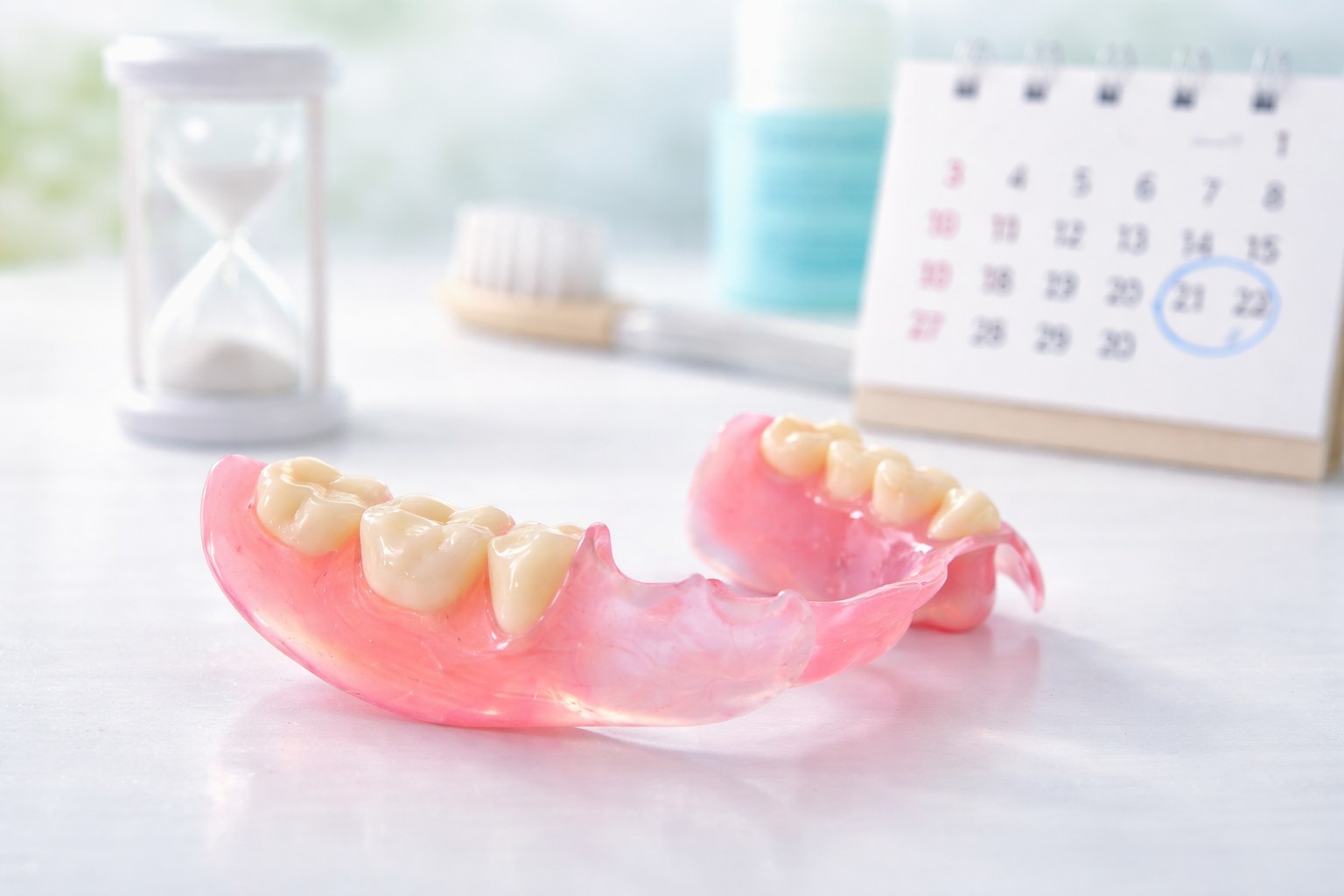 ノンクラスプデンチャーと歯ブラシ、砂時計、カレンダー