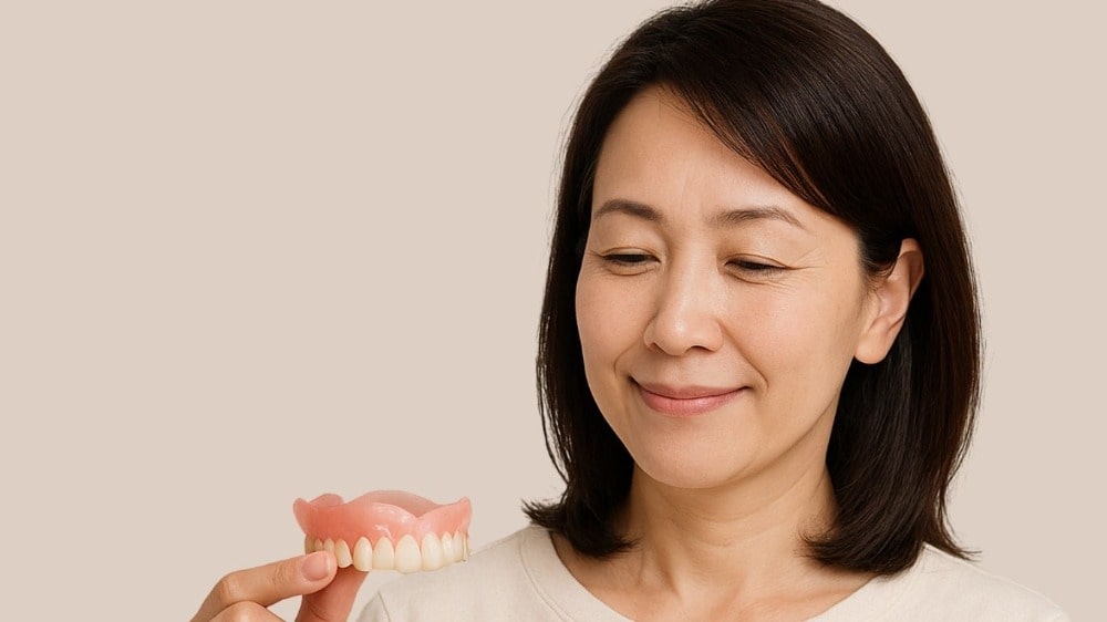入れ歯を持ってほほえむ女性