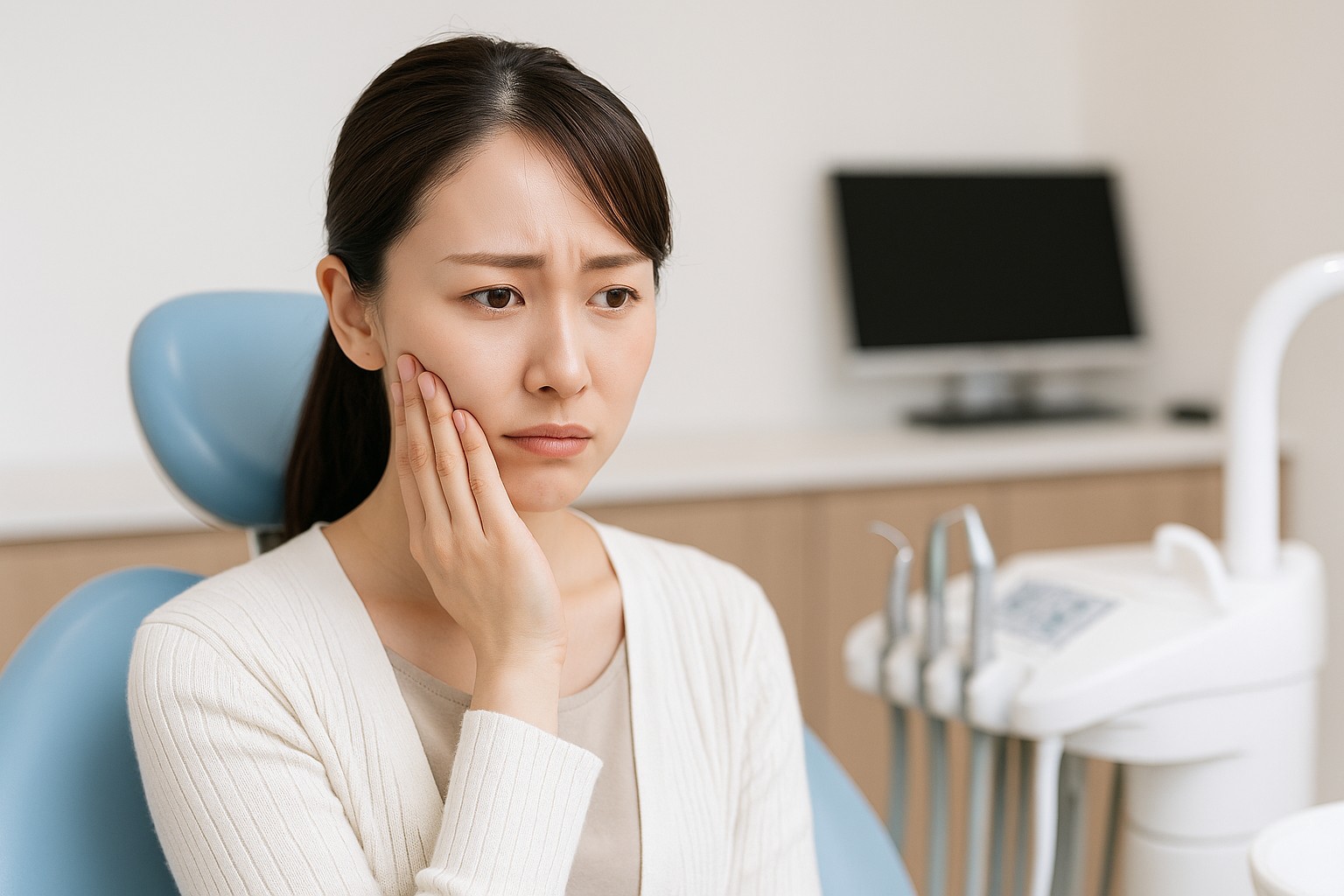 歯科ユニットに座って悩んでいる女性